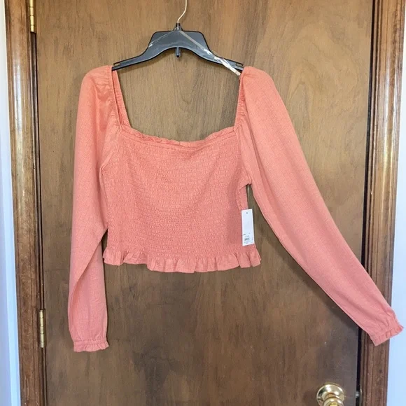 SO top blush crepe long sleeve smocked top boho cottagecore casual L jrs - Picture 3 of 16